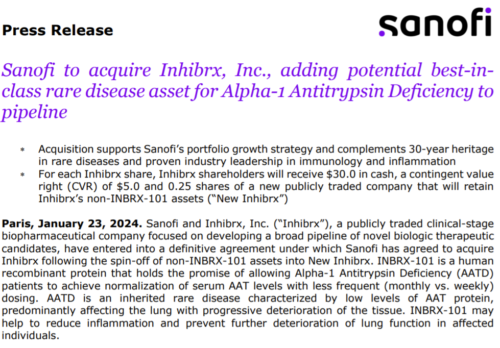 22亿美元：赛诺菲收购Inhibrx